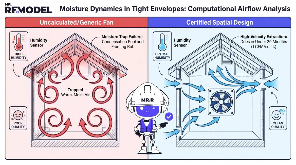 A visualization of the technical "Technical Ventilation" section. It shows a cross-section of a tight bathroom envelope. It maps the progressive failure of Poor Ventilation (using warm red arrows) causing localized Moisture Trap Failure (condensation/mold behind wall framing), versus Mechanical Calculation (using optimized blue arrows) which Dries the Envelope in under 20 minutes with a high-performance fan rated at 1 CFM/sq. ft.